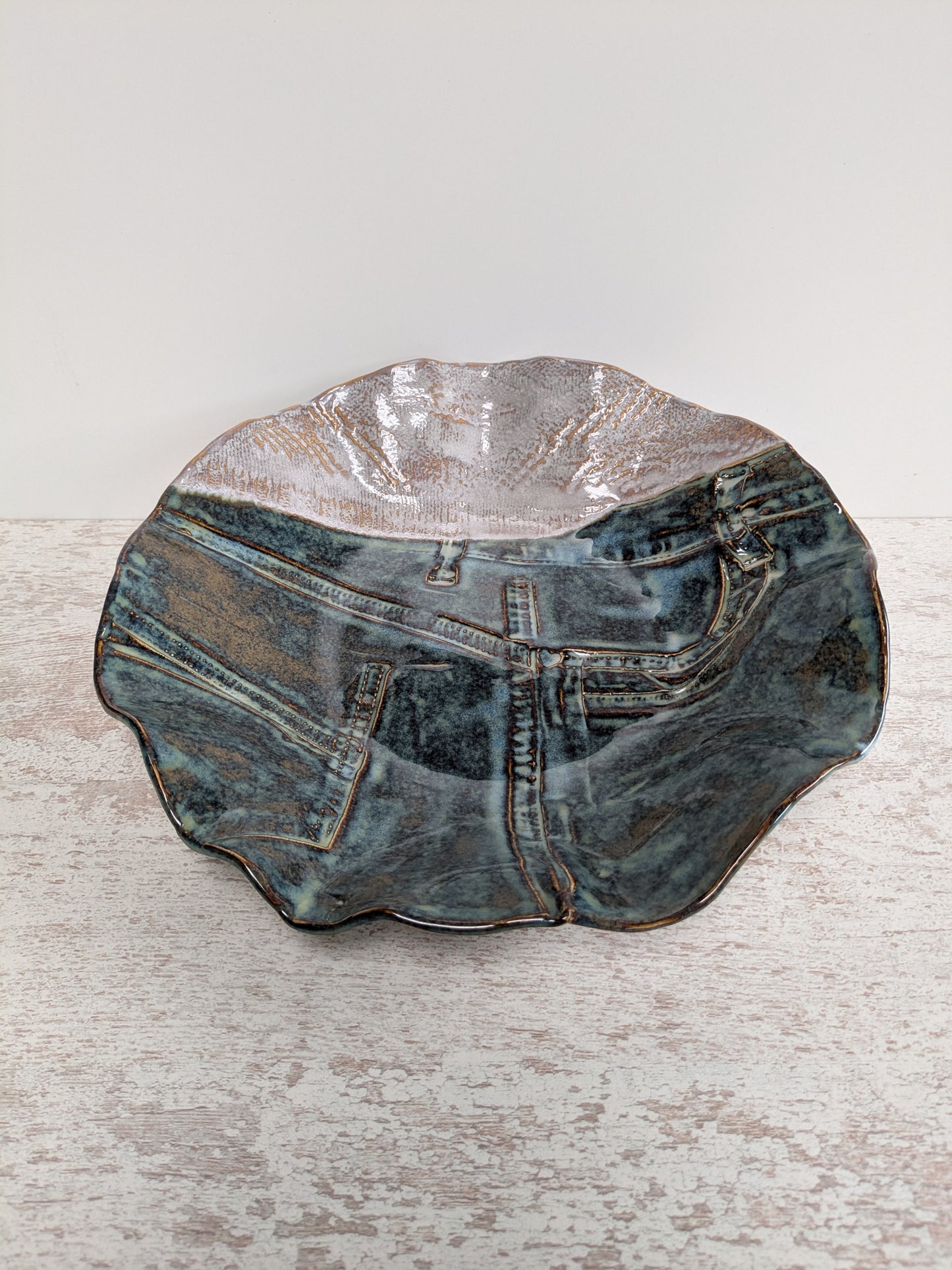 Denim-look schaal met licht grijs 'truitje'