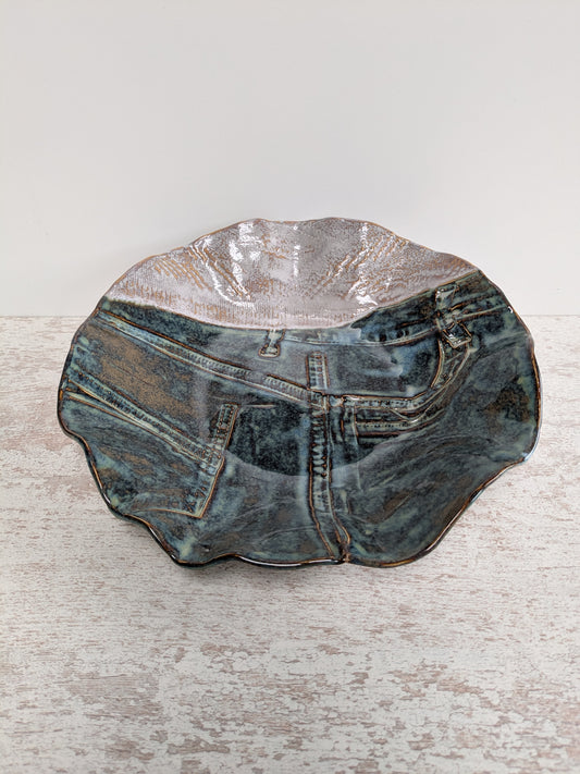 Denim-look schaal met licht grijs 'truitje'