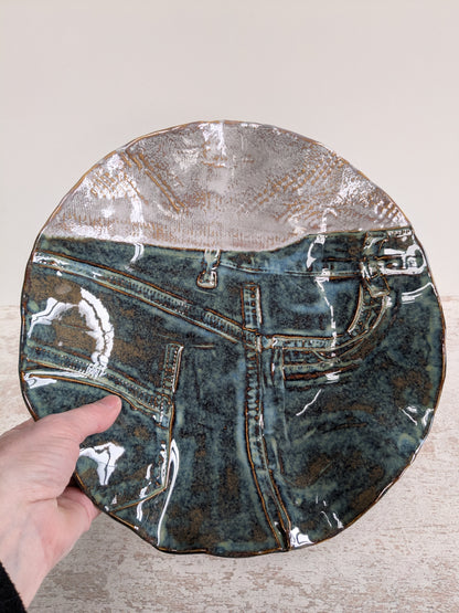 Denim-look schaal met licht grijs 'truitje'