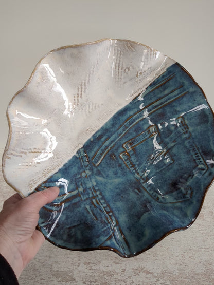 Grote Denim-look schaal met wit 'truitje'